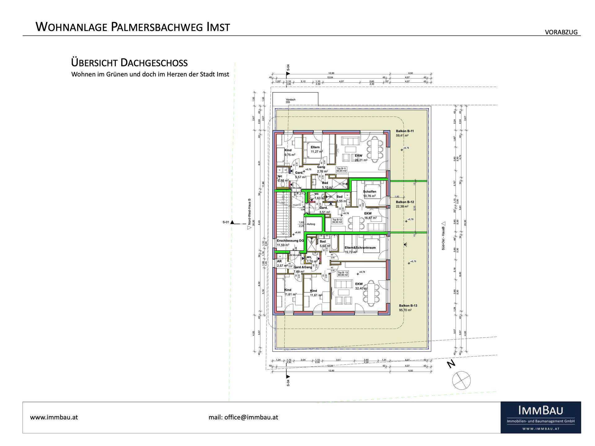 Übersicht des Dachgeschosses mit mehreren Wohneinheiten und deren Grundrissen.