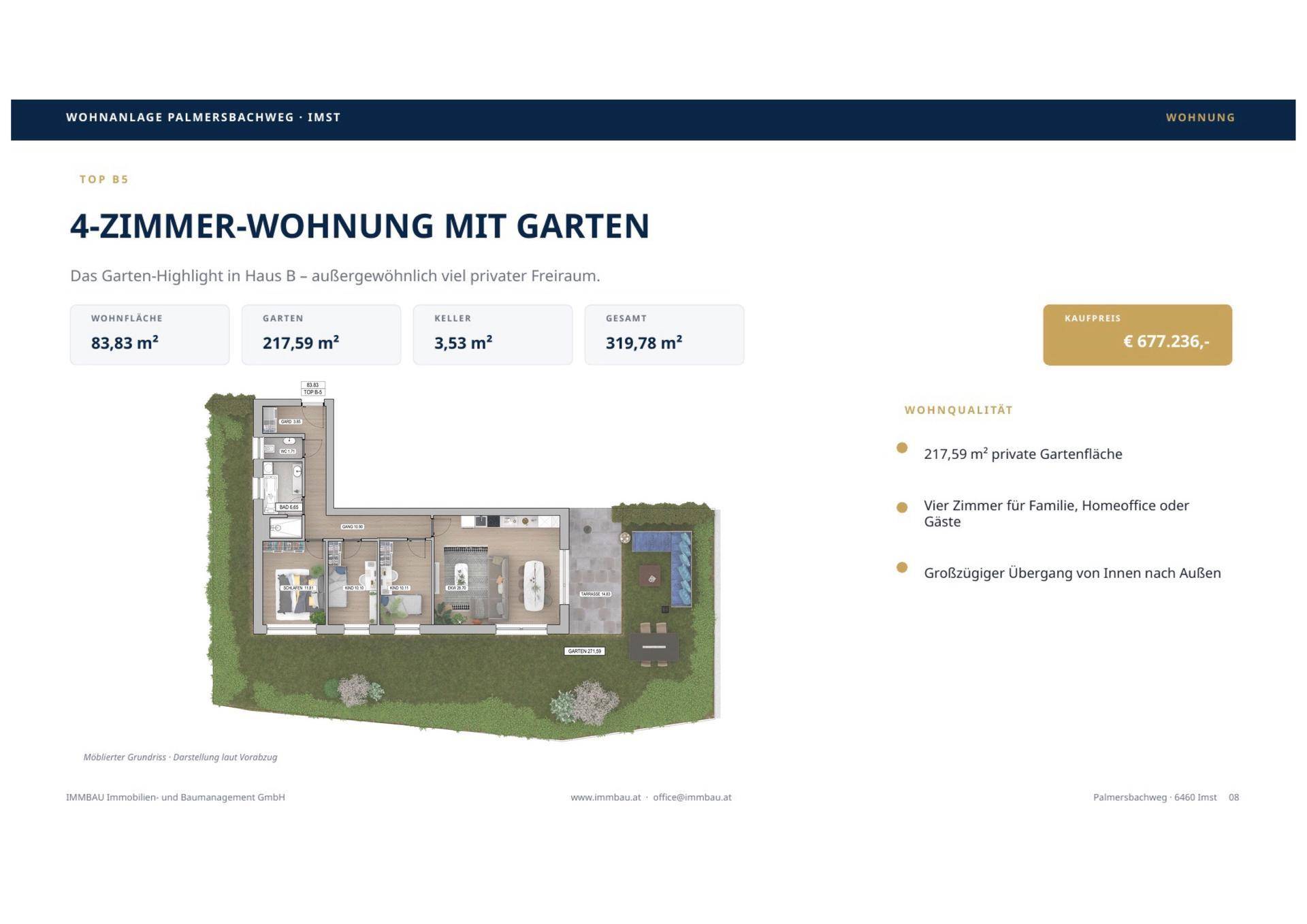 Grundriss einer 4-Zimmer-Wohnung mit großem Garten und Kellerabteil.