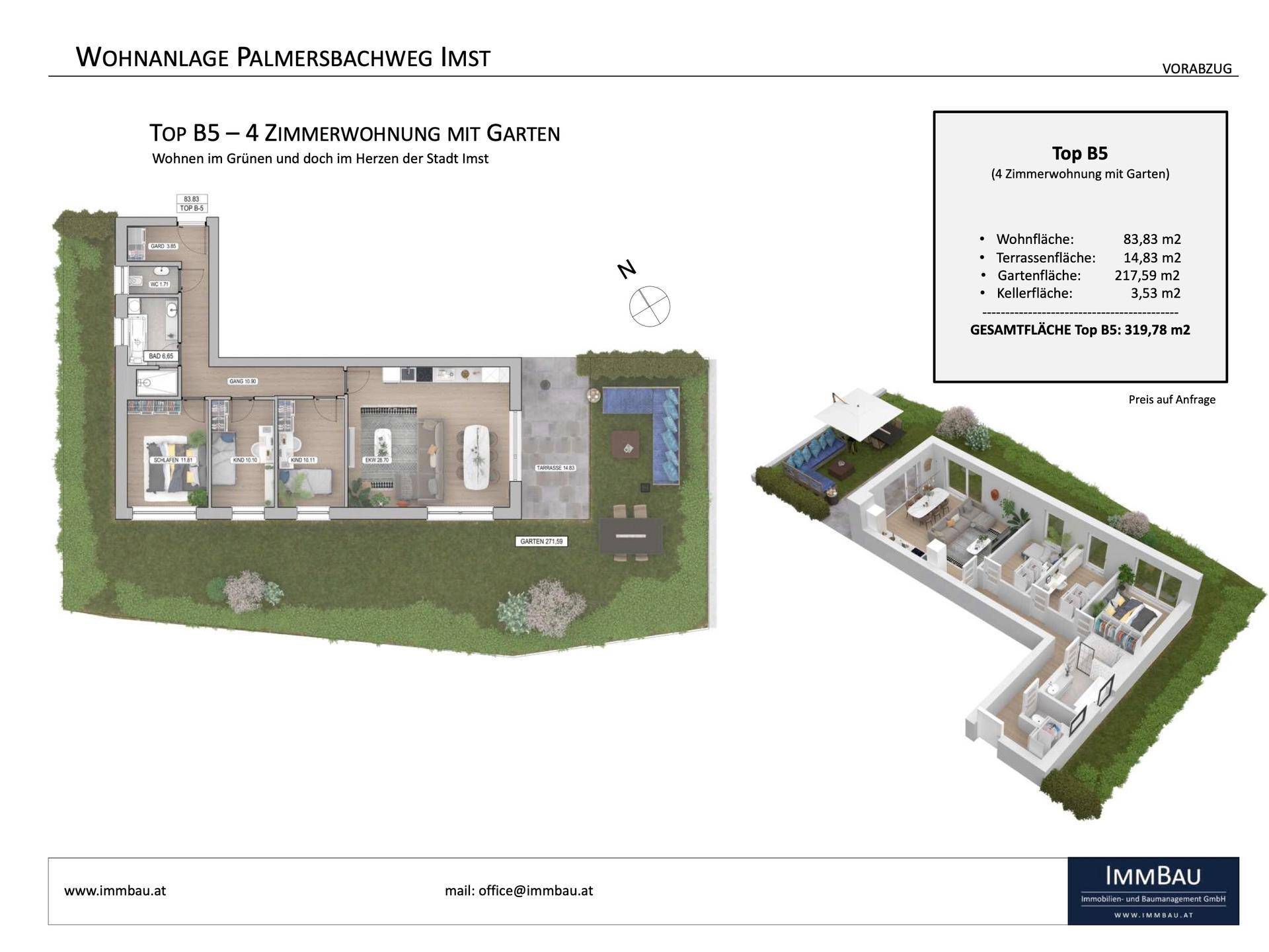 Grundriss und 3D-Ansicht der Wohneinheit Top B5 mit offenem Wohnbereich, Garten und Terrasse inklusive Pool.