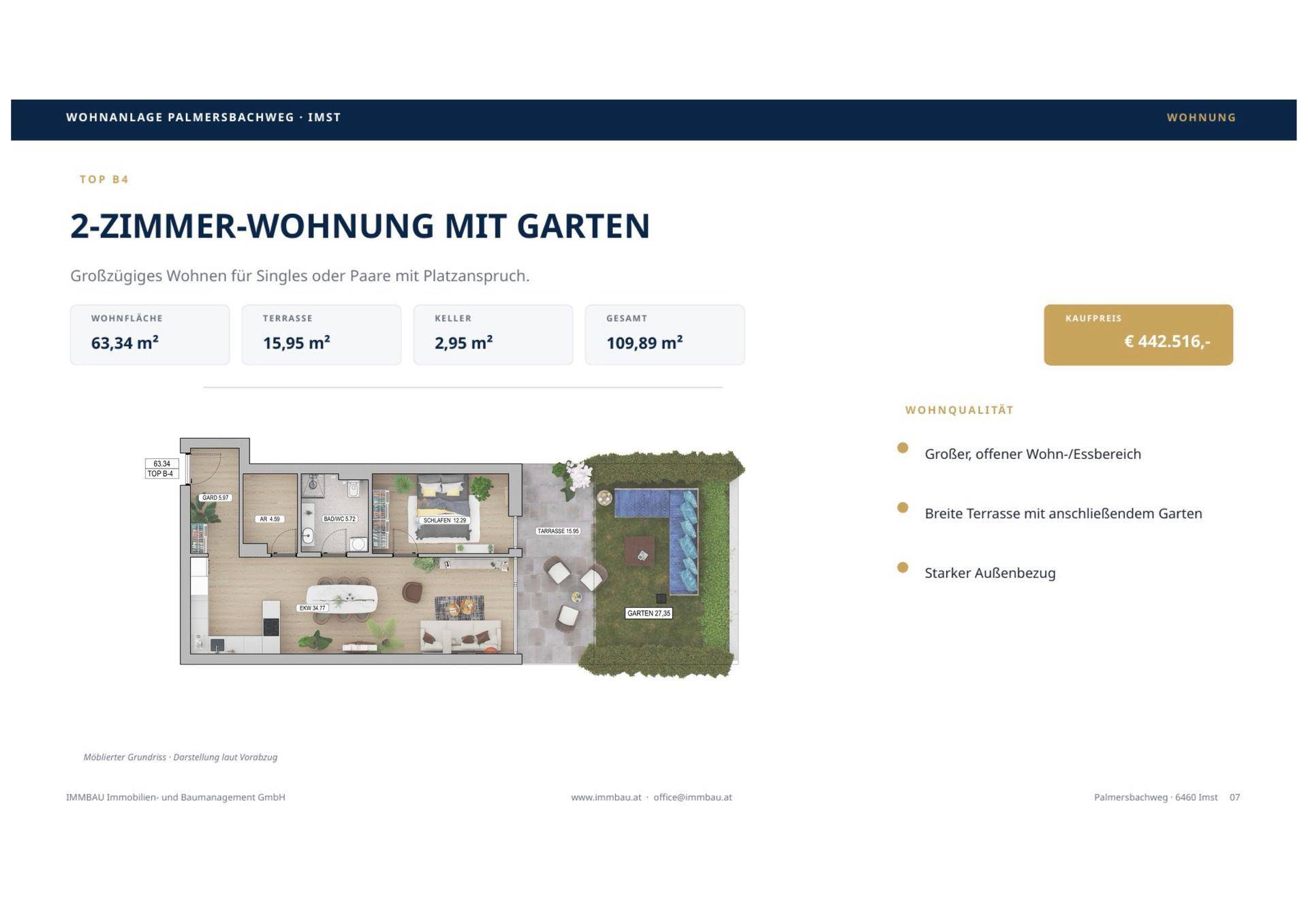 Grundriss einer 2-Zimmer-Wohnung mit offenem Wohnbereich, Terrasse und Garten.