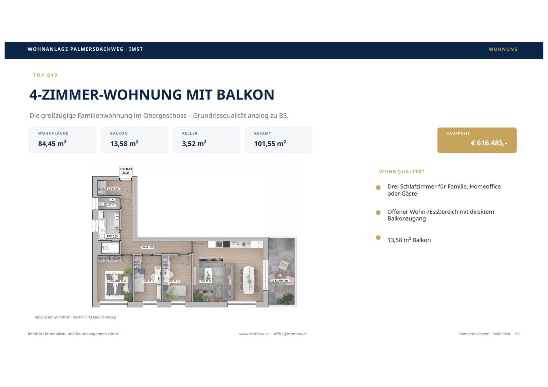 Grundriss einer großzügigen 4-Zimmer-Wohnung mit Balkon und offenem Wohnbereich.
