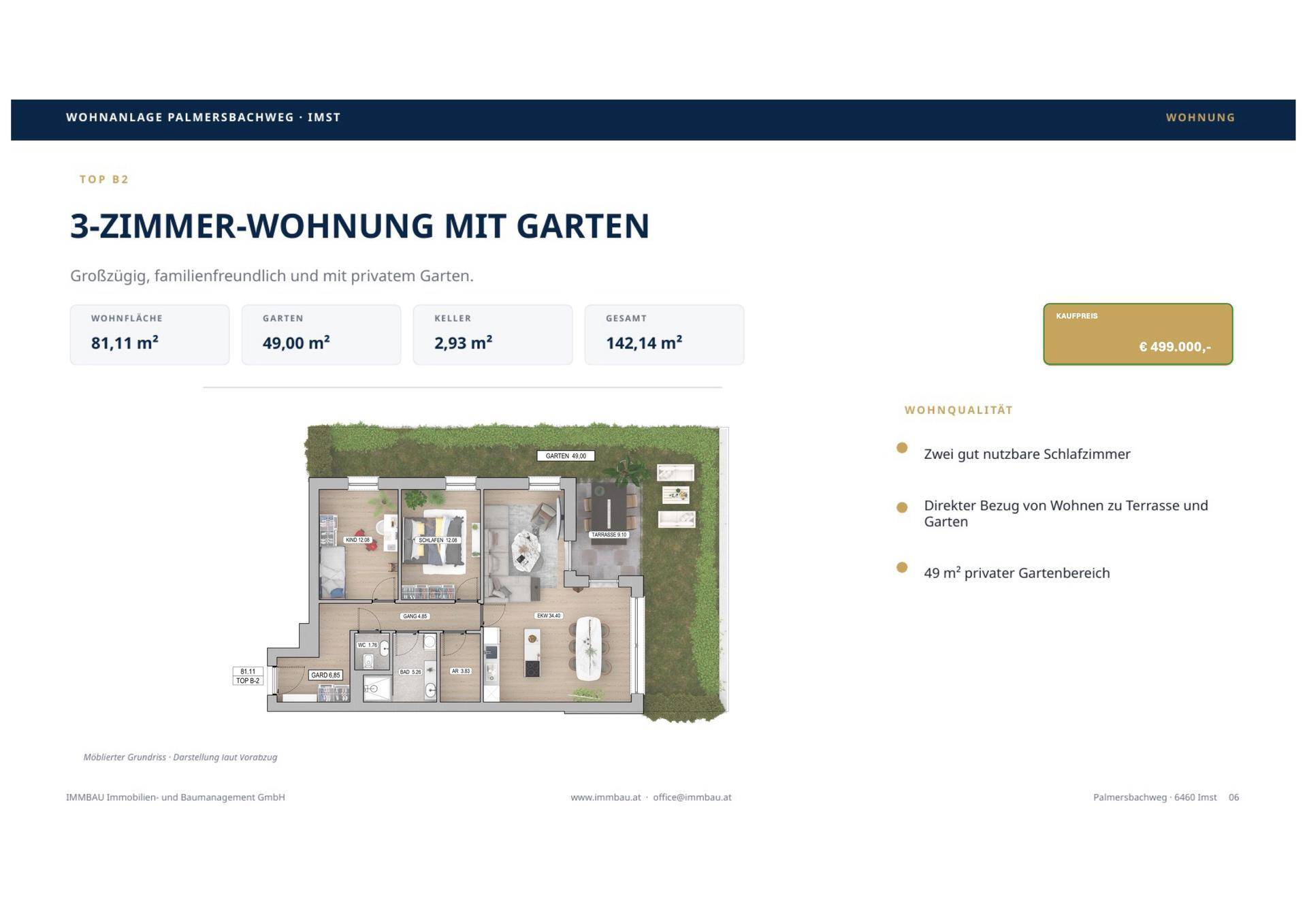 Grundriss einer 3-Zimmer-Wohnung mit privatem Garten und Terrasse.