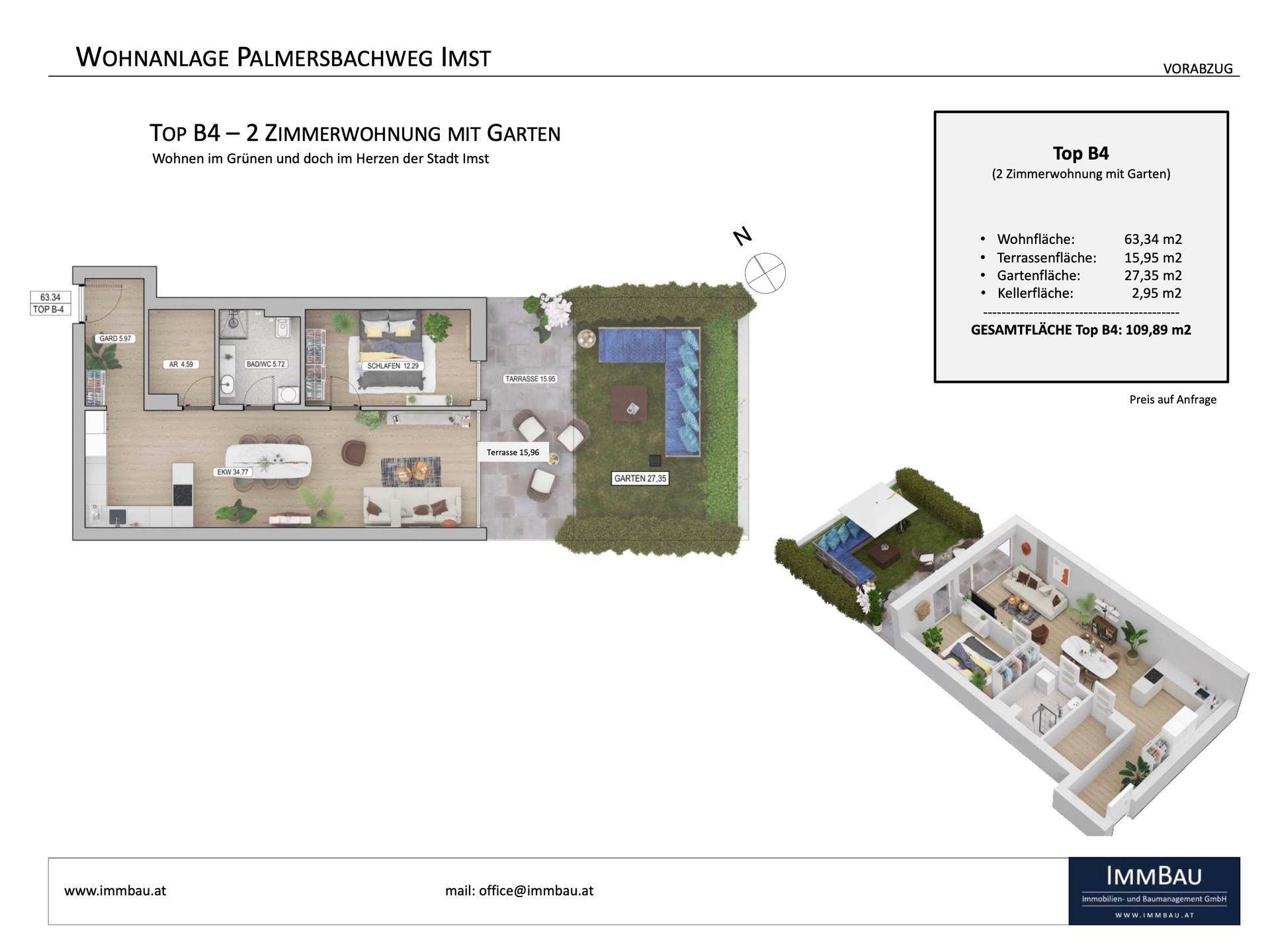 Detaillierter Grundriss der 2-Zimmer-Wohnung Top B4 mit Terrasse und eigenem Gartenbereich.