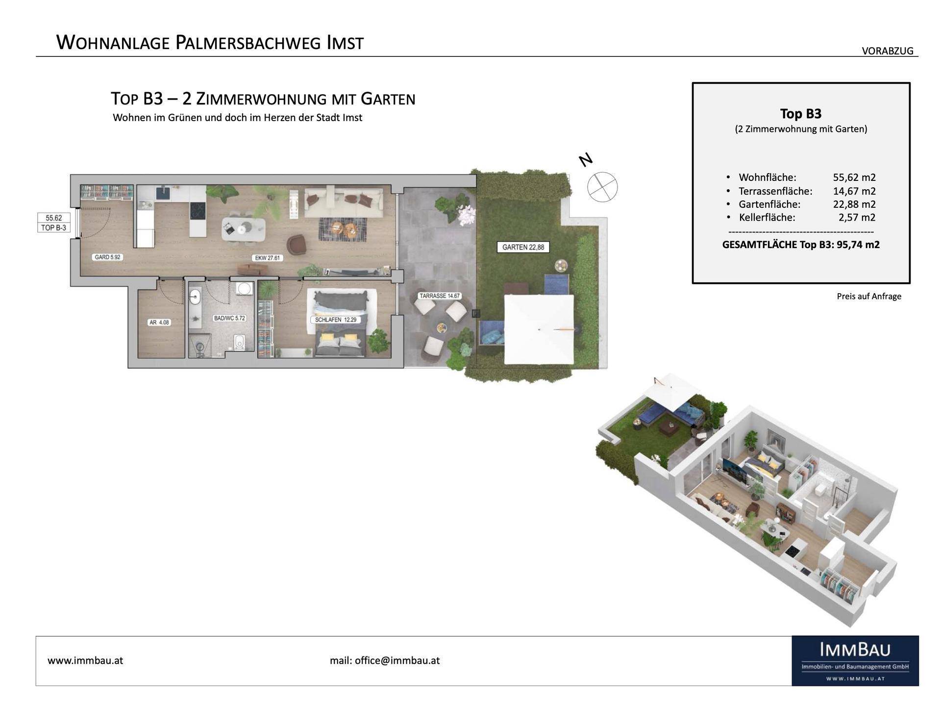 Detaillierter Grundriss der 2-Zimmer-Wohnung Top B3 mit Terrasse und eigenem Gartenbereich.