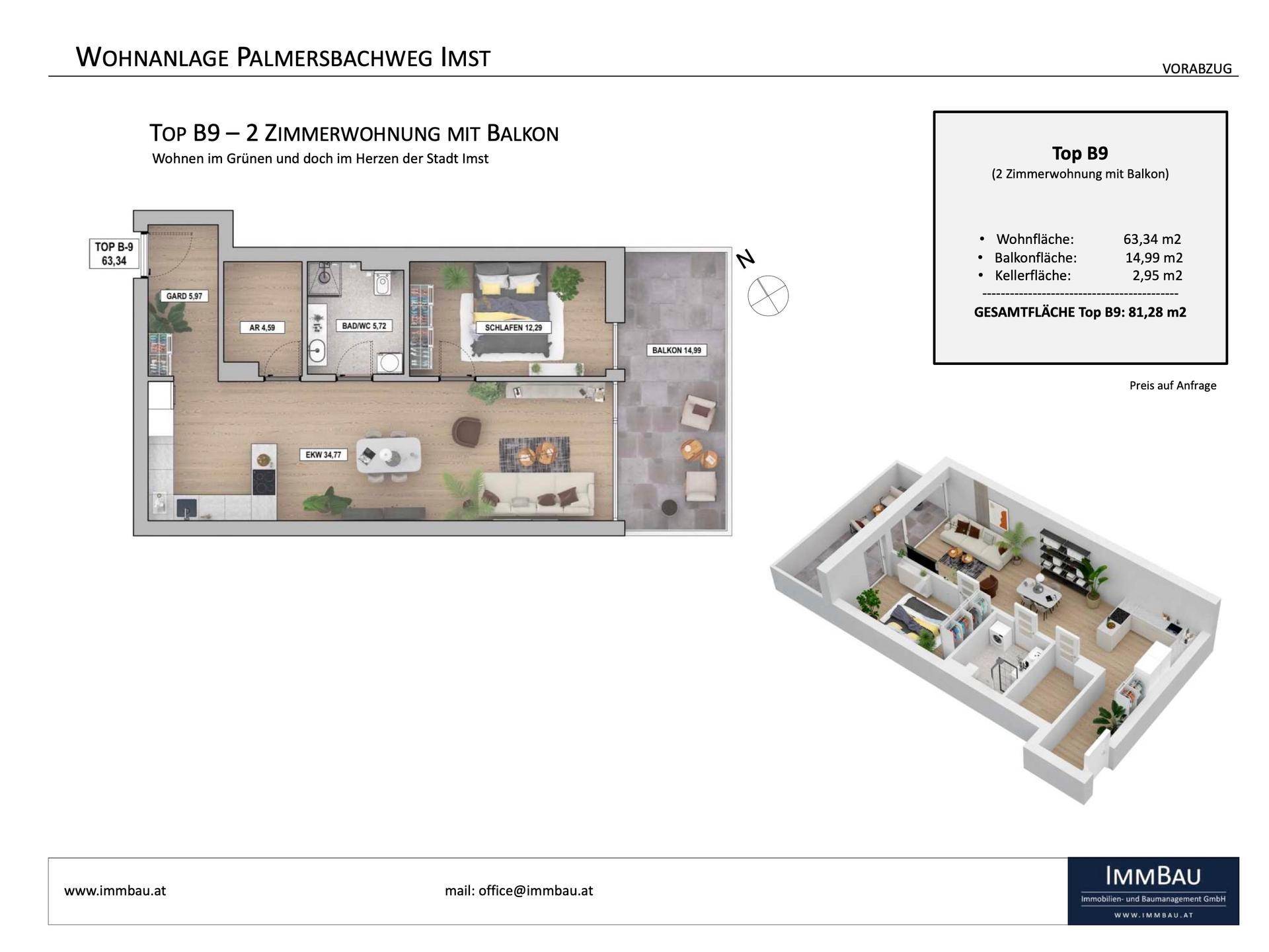 Detaillierter Grundriss der 2-Zimmer-Wohnung Top B9 mit offenem Wohnbereich und Balkon.