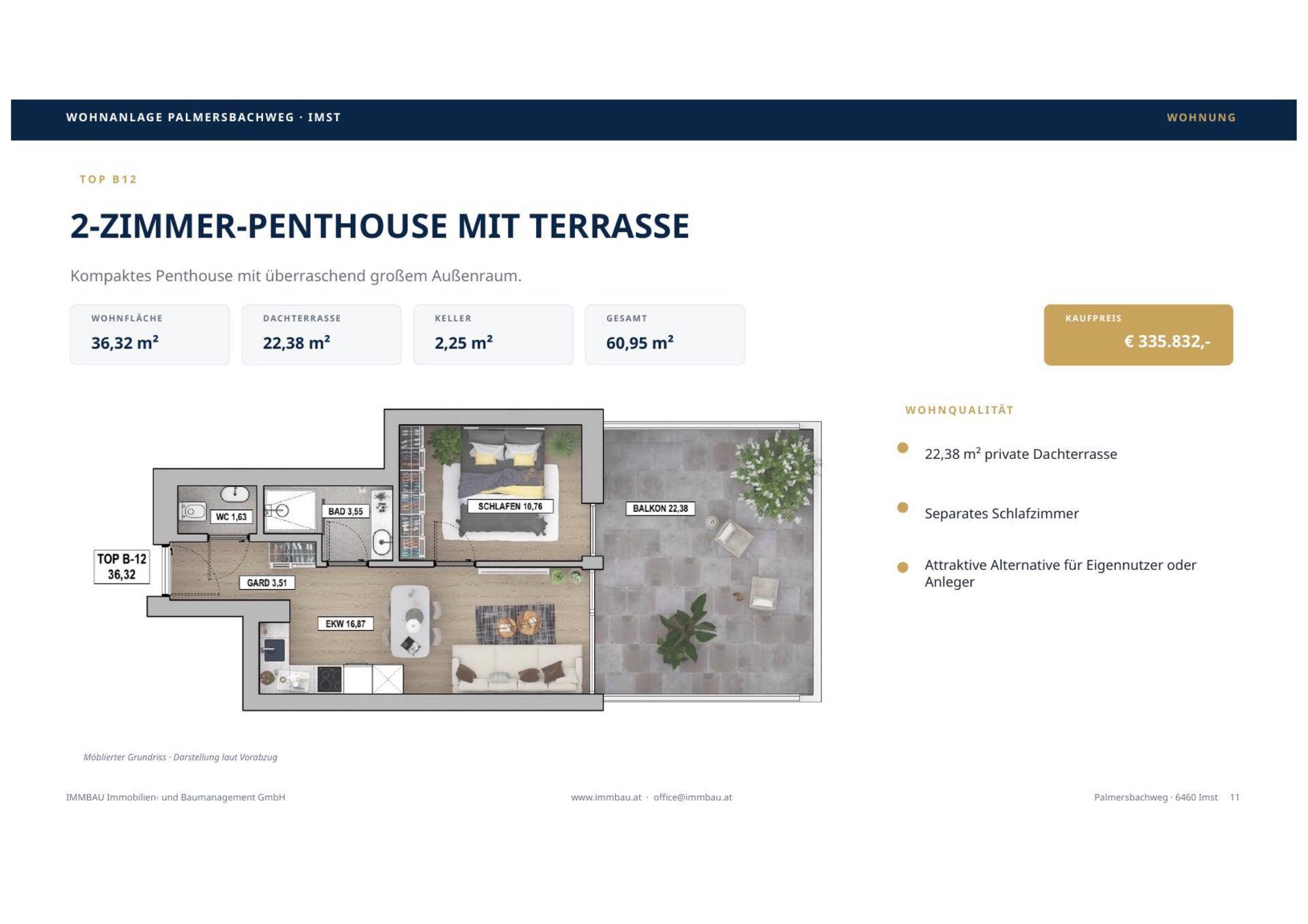 Grundriss eines 2-Zimmer-Penthouses mit großer Dachterrasse und offenem Wohnbereich.