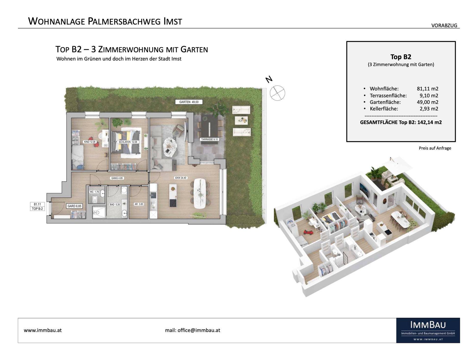 Detaillierter Grundriss einer 3-Zimmer-Wohnung mit offenem Wohnbereich, Garten, Terrasse und Kellerabteil.