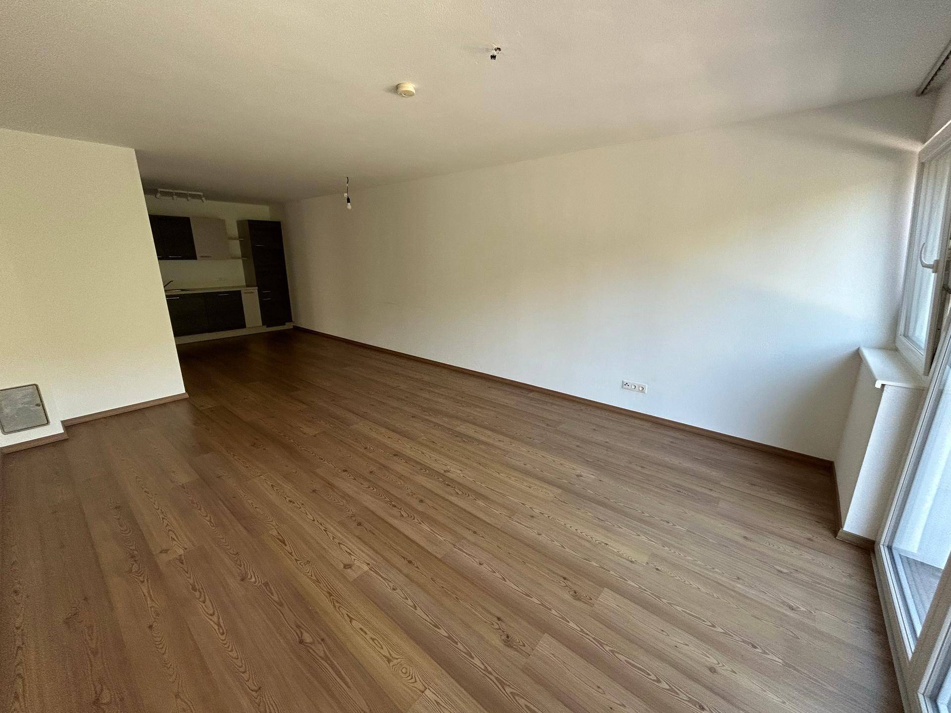 Offener Wohnbereich mit Holzboden und integrierter Küche im Hintergrund, hell und geräumig.
