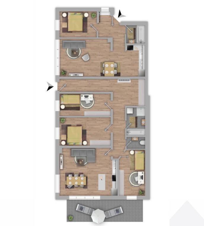 Detaillierter Grundriss einer Wohnung mit mehreren Zimmern und einem Balkon.