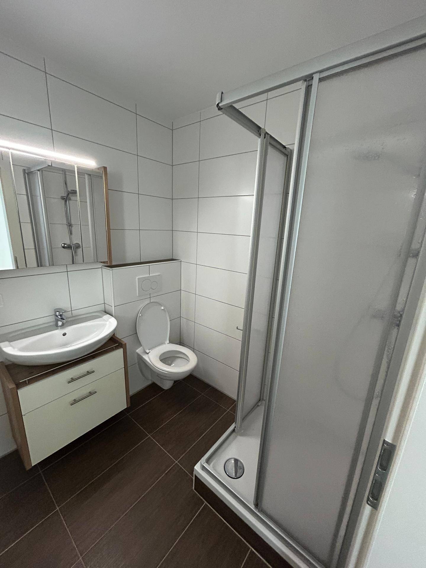 Modernes Badezimmer mit Dusche, Waschbecken und WC, komplett gefliest in Weiß und Braun.