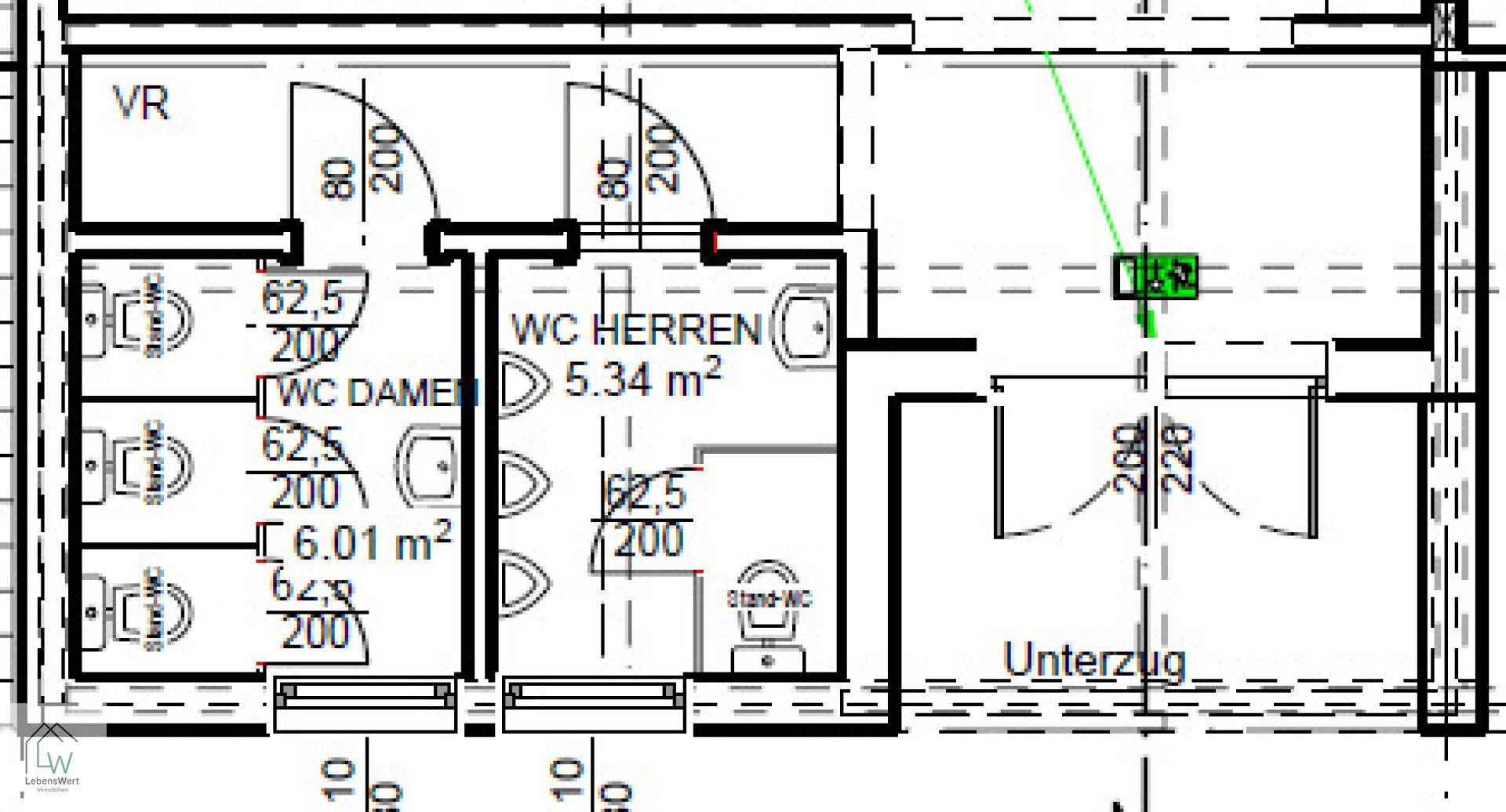 Detaillierter Grundriss der Sanitärbereiche mit getrennten Damen- und Herren-WCs, ausgestattet mit Urinalen und Fenstern.