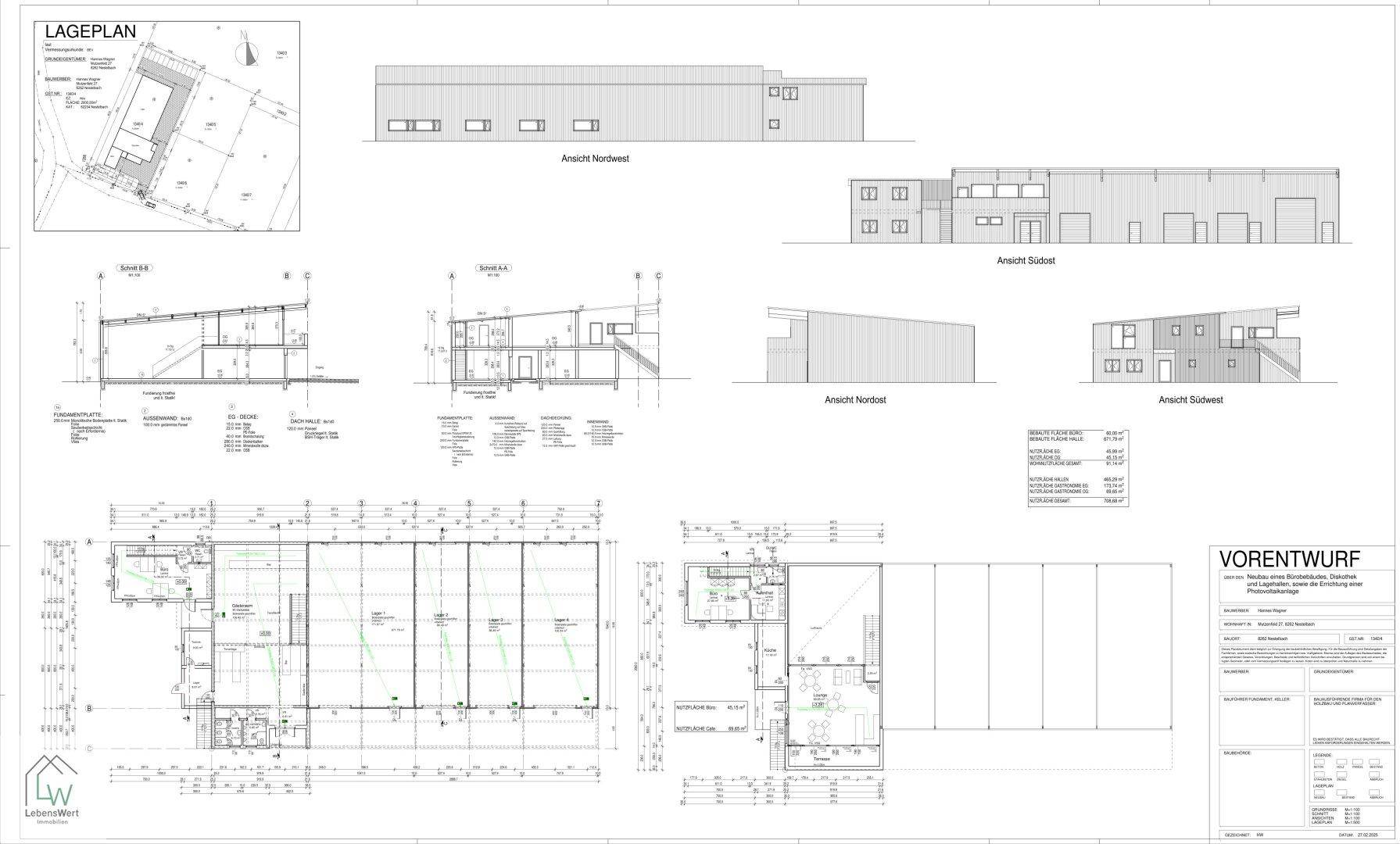 Detaillierter Vorentwurf mit Lageplan, Ansichten und Schnitten eines modernen Neubaus, der verschiedene Ebenen zeigt.