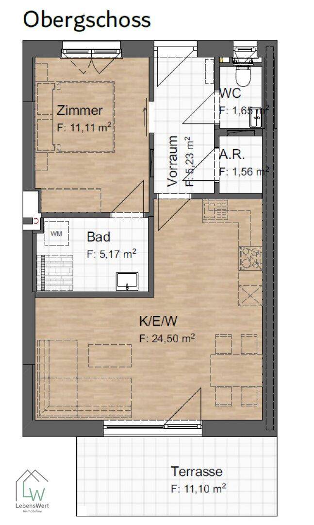 Grundriss des Obergeschosses mit Zimmer, Bad, WC und offener Wohnküche.