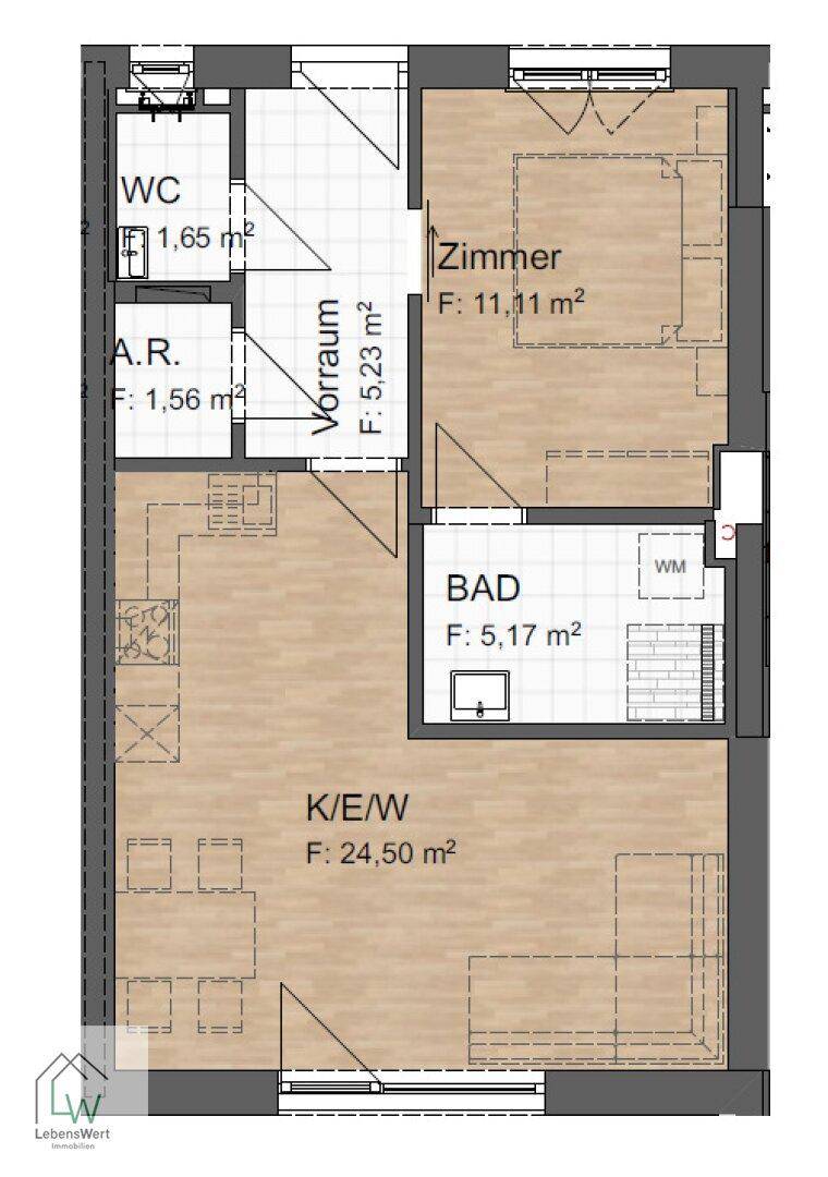 Grundriss einer Wohnung mit einem Schlafzimmer, Bad, separatem WC und offenem Wohn-Essbereich.