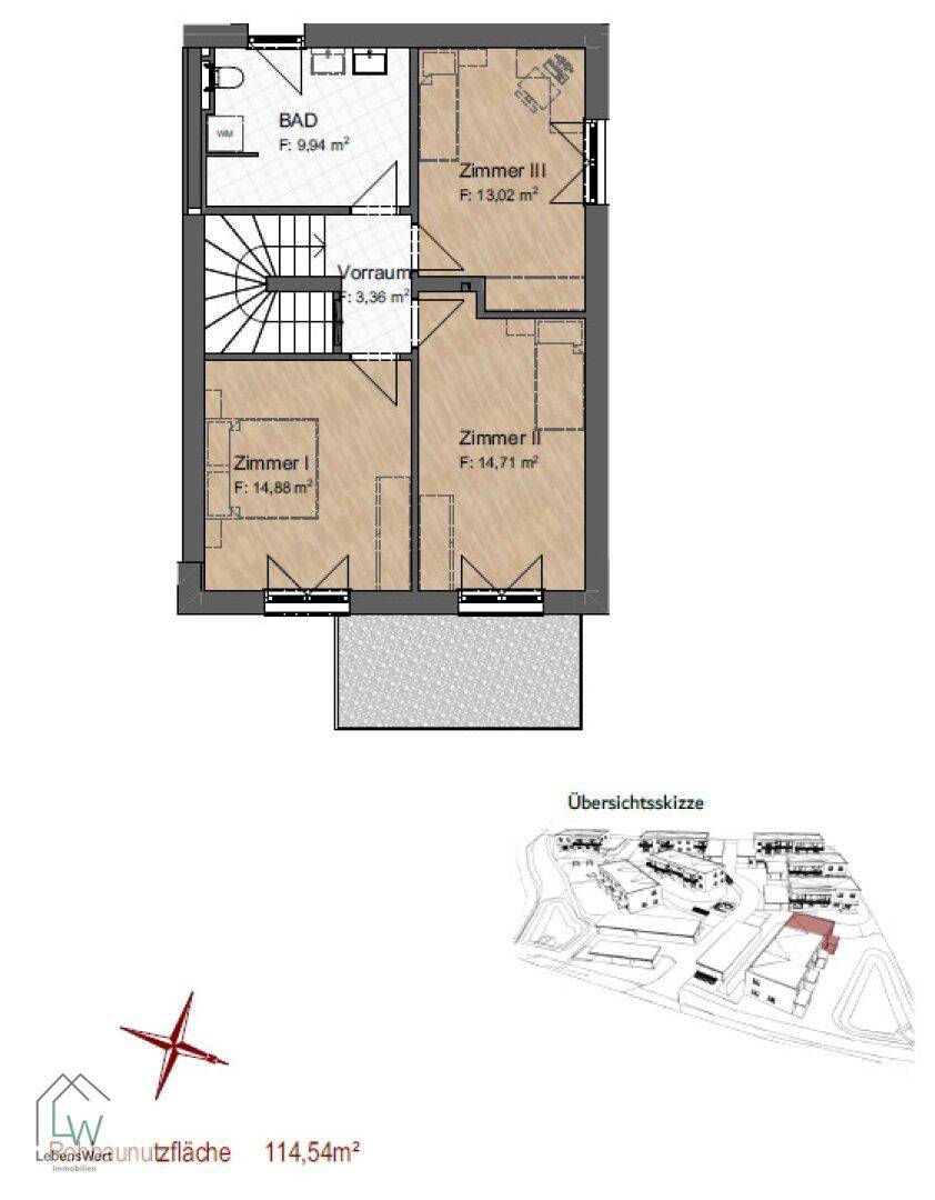 Grundriss des Obergeschosses mit drei Schlafzimmern und einem Badezimmer.