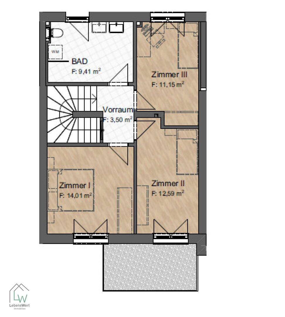 Grundriss des Obergeschosses mit drei Schlafzimmern, einem Badezimmer und einem kleinen Balkon.