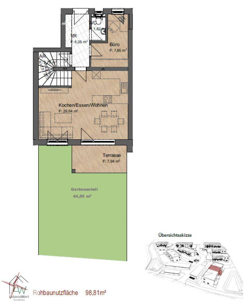 Grundriss des Erdgeschosses mit offenem Wohn-/Essbereich, separatem Büro, Terrasse und Gartenanteil.