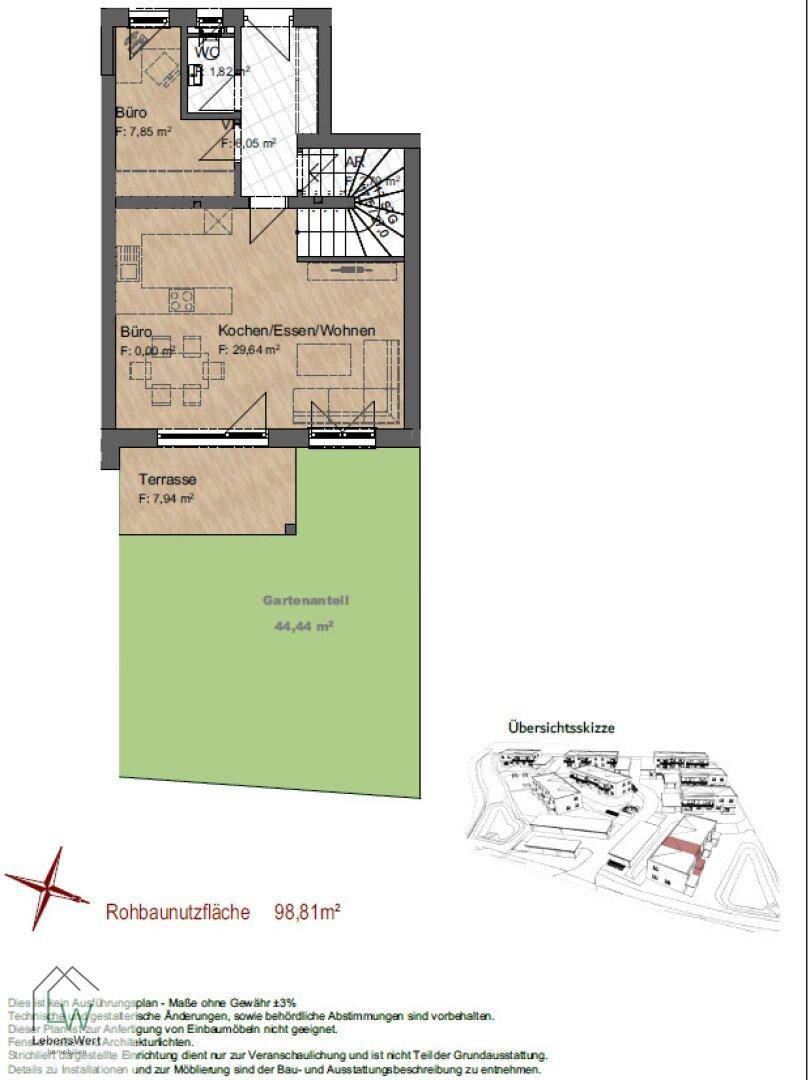 Grundriss des Erdgeschosses mit offenem Wohn-, Ess- und Kochbereich, Büro, WC, Terrasse und Gartenanteil.