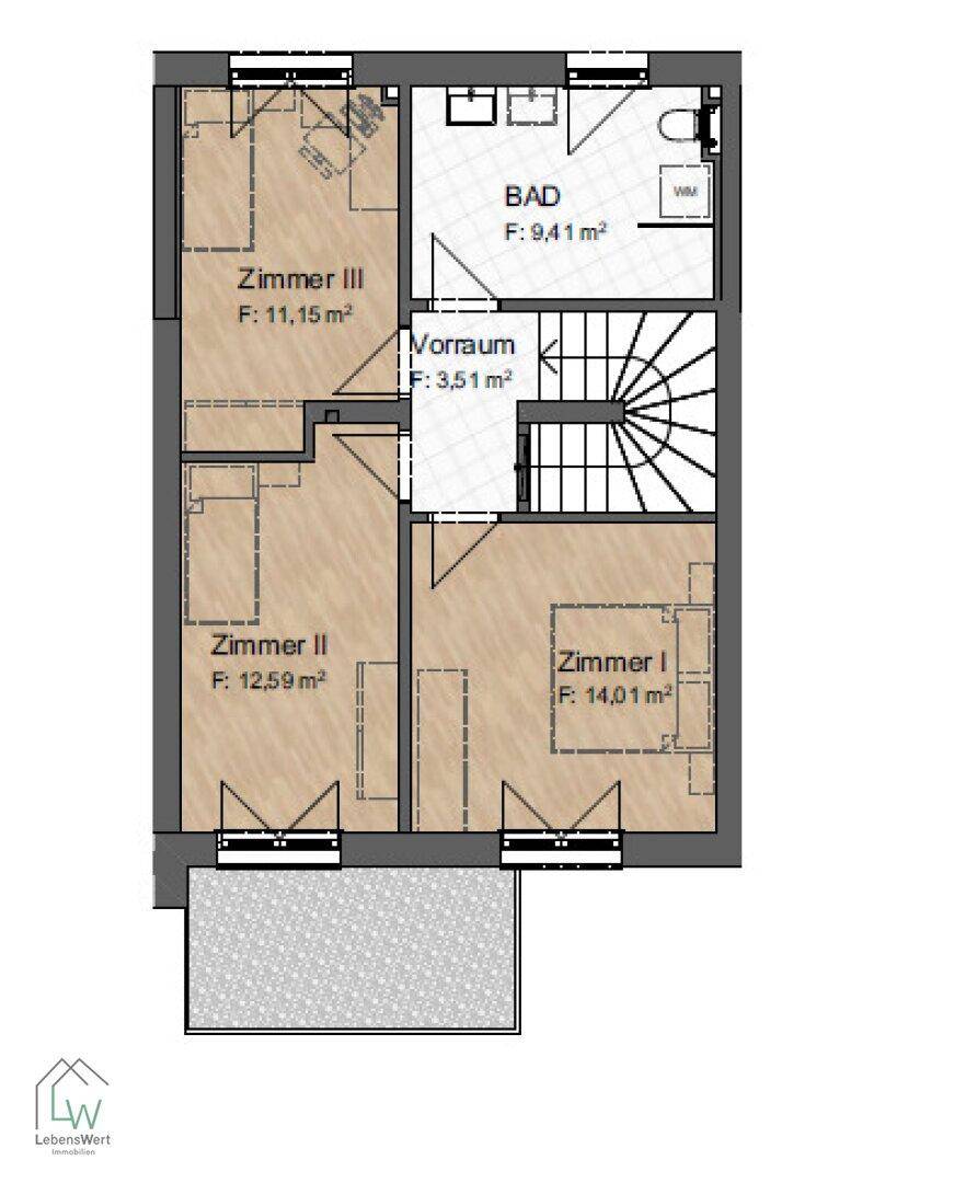 Grundriss des Obergeschosses mit drei Zimmern, einem Badezimmer und einem kleinen Balkon.