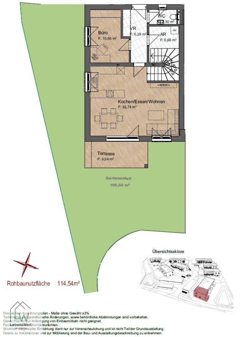 Grundriss des Erdgeschosses mit offenem Wohn-, Ess- und Kochbereich, Büro und Terrasse.