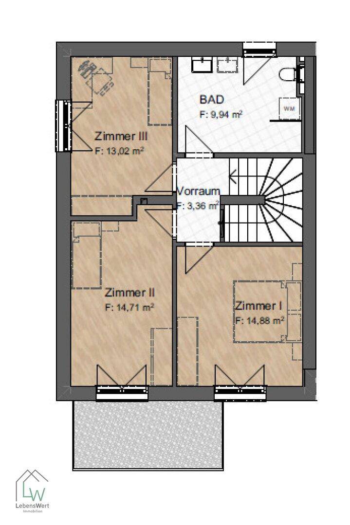 Grundriss des Obergeschosses mit drei Schlafzimmern, einem Badezimmer und einem Vorraum.