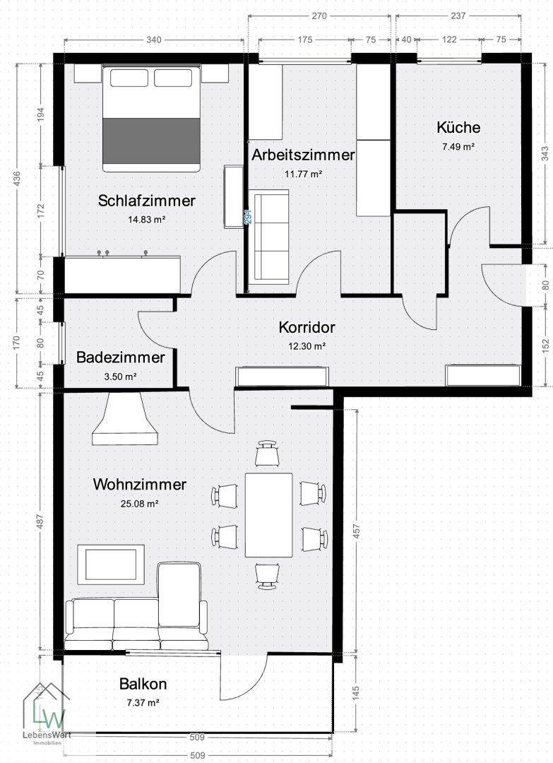 Grundriss der Wohnung mit Schlafzimmer, Wohnzimmer, Küche und Balkon.