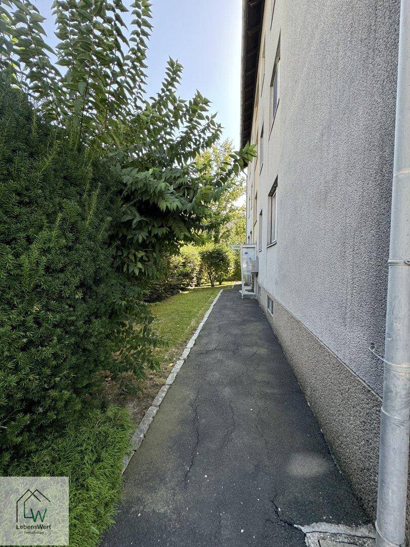 Seitlicher Weg entlang des Gebäudes, umgeben von Hecken und Rasenflächen.