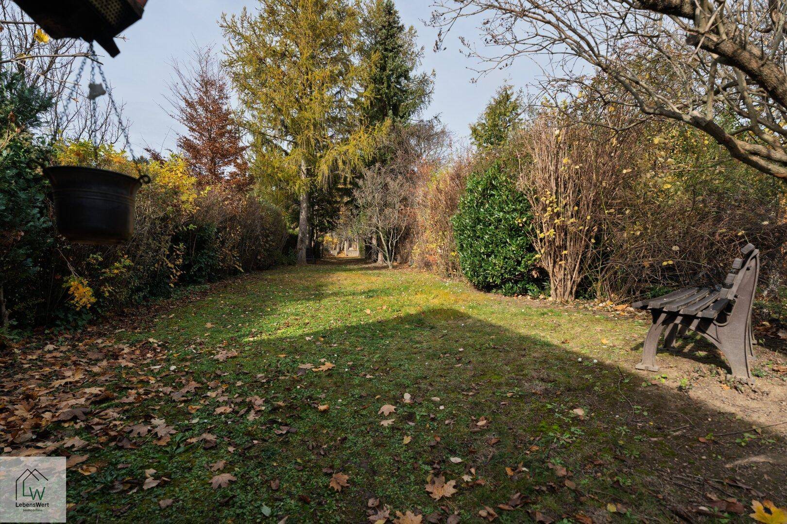 Weitläufiger Garten mit Rasen, Herbstlaub und einer Holzbank unter Bäumen.