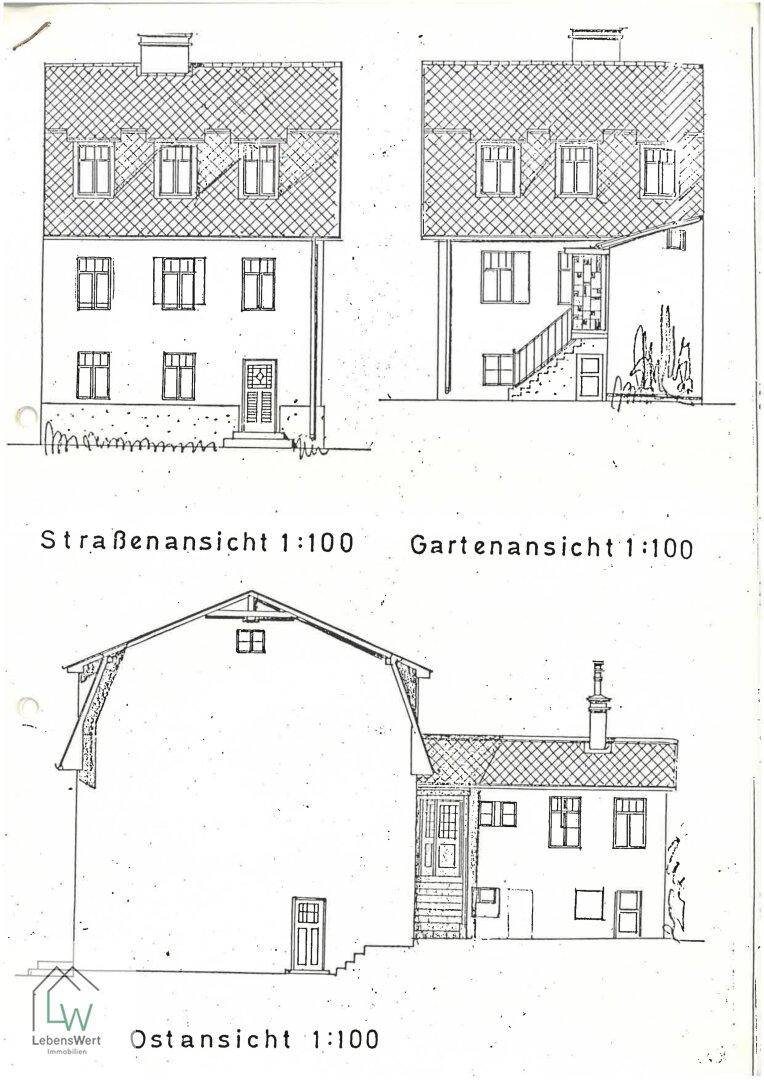 Architektonische Ansichten eines traditionellen Hauses mit Satteldach, inklusive Straßen-, Garten- und Ostansicht.