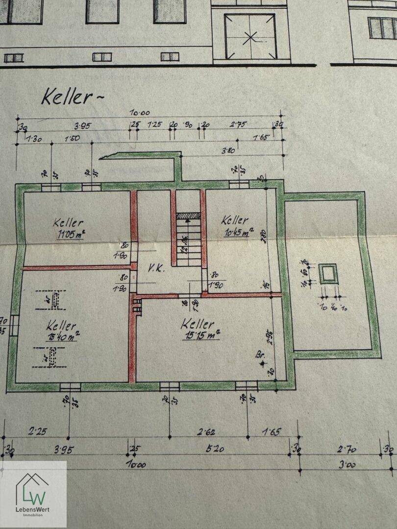 Grundriss des Kellers mit mehreren Kellerräumen und Treppenaufgang.