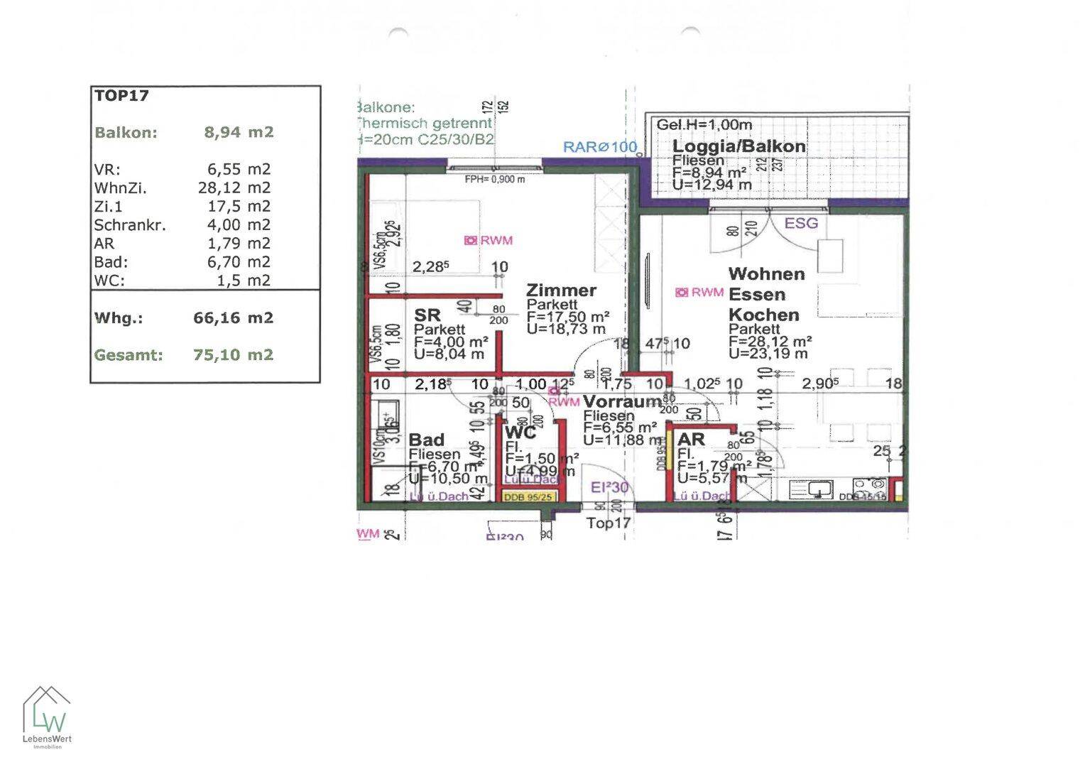 Grundriss der Wohnung TOP17 mit Balkon, Loggia und offenem Wohn-Essbereich.