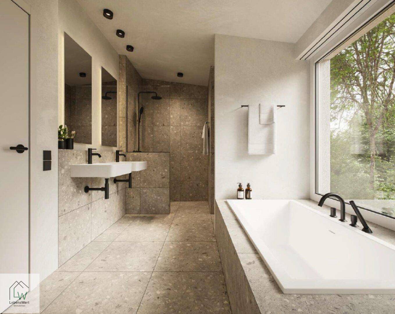 Modernes Badezimmer mit Badewanne, Doppelwaschbecken und großer begehbarer Dusche sowie Fenster.
