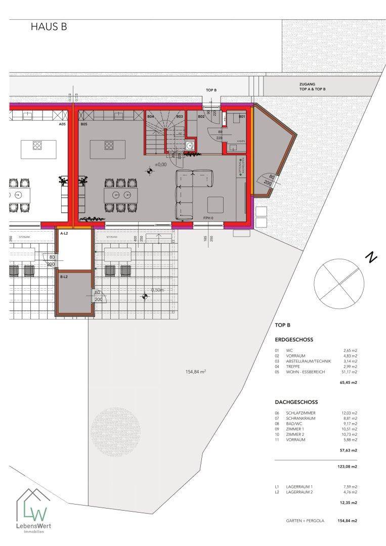 Grundriss des Erdgeschosses von Haus B mit offenem Wohnbereich und großem Garten.