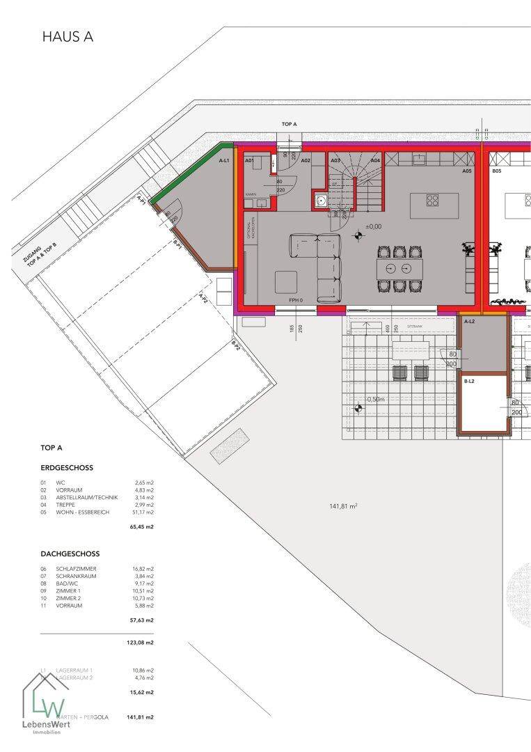 Grundriss des Erdgeschosses von Haus A mit offenem Wohnbereich und Zugang zur Terrasse und Garten.