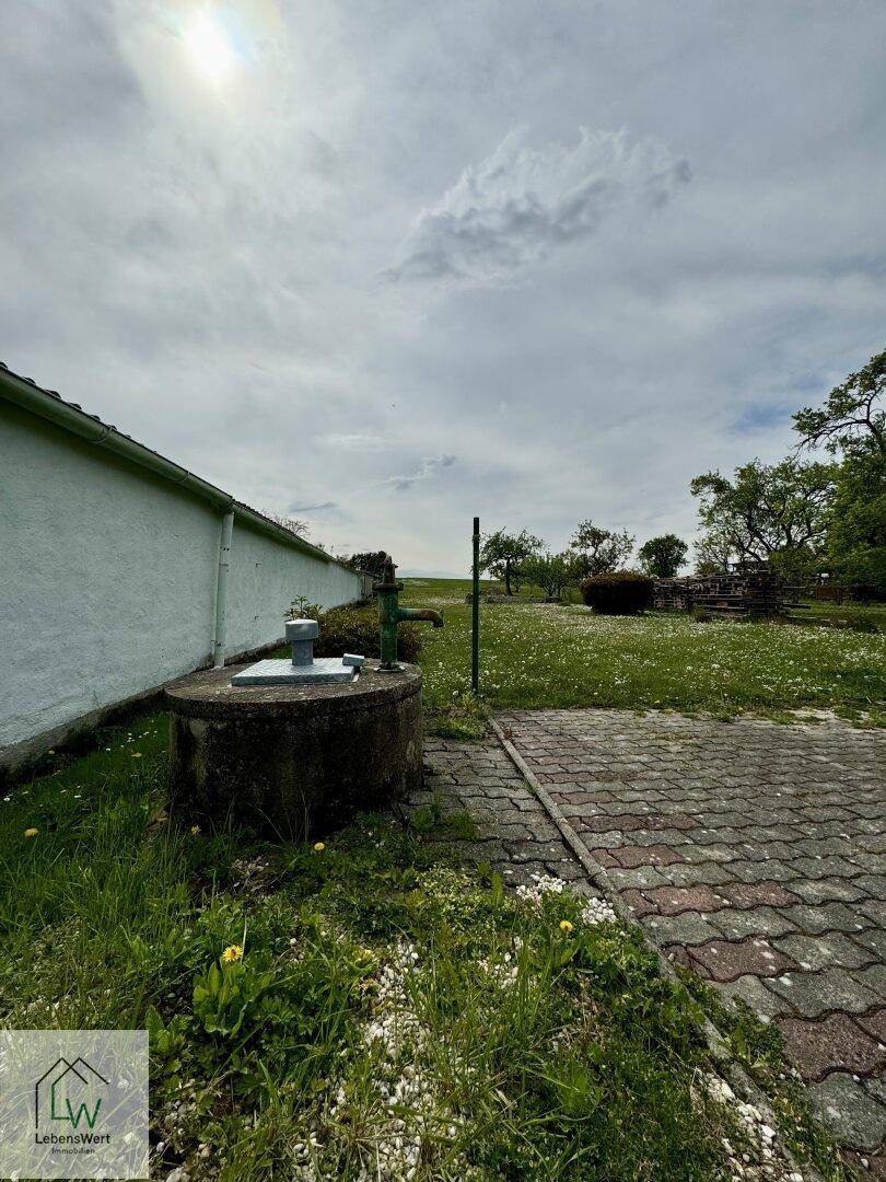 Großer Gartenbereich mit Rasenfläche, Bäumen und einem alten Brunnen unter bewölktem Himmel.