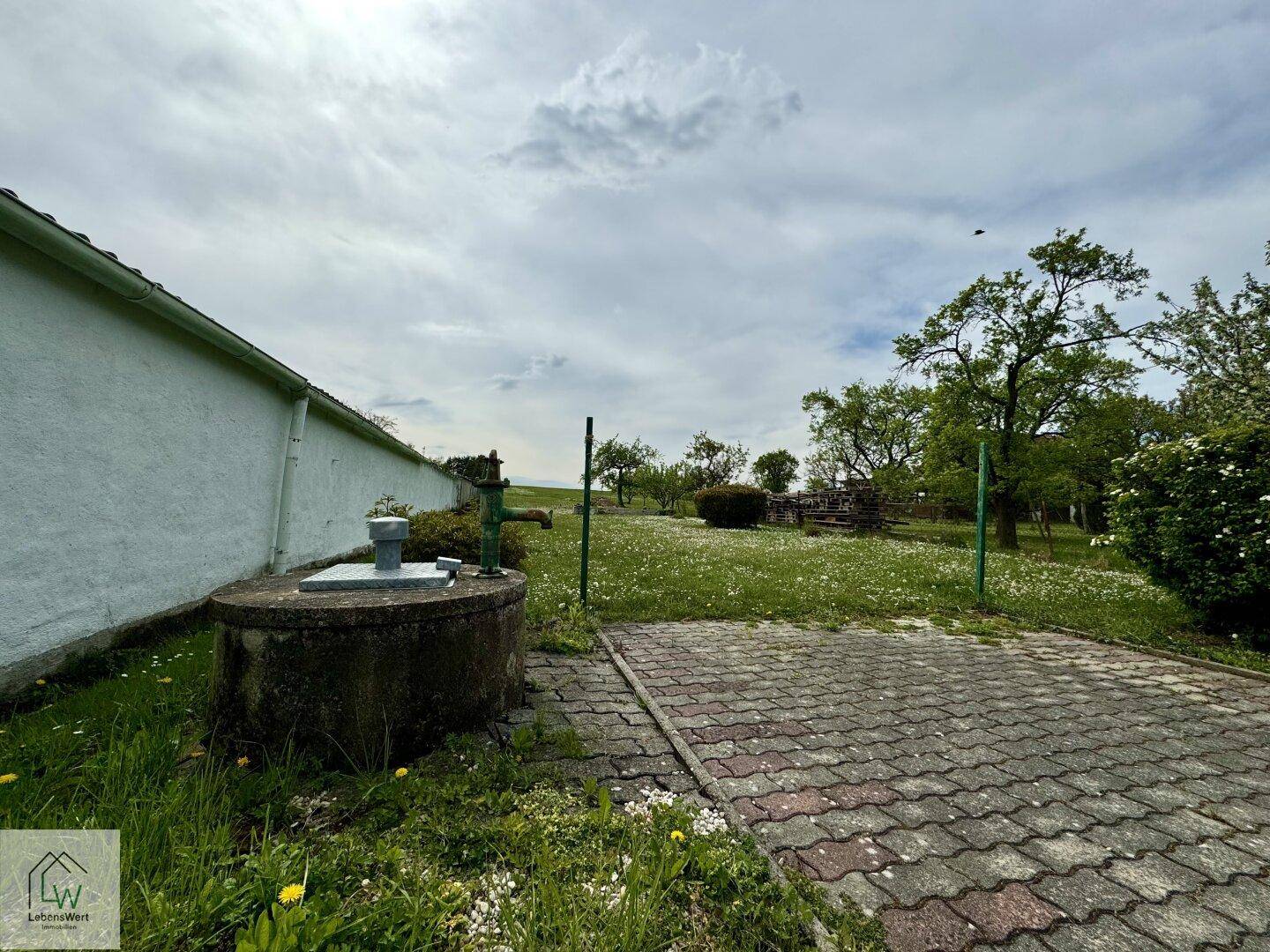 Weitläufiger Gartenbereich mit Rasen, Bäumen und einem alten Brunnen unter bewölktem Himmel.