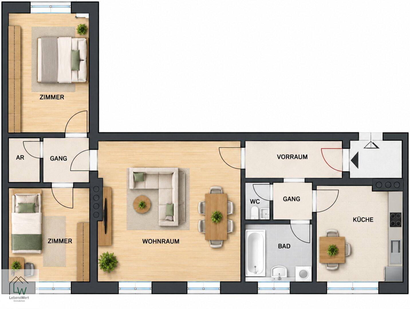 Detaillierter Grundriss einer Wohnung mit zwei Schlafzimmern, Wohnbereich und Küche.