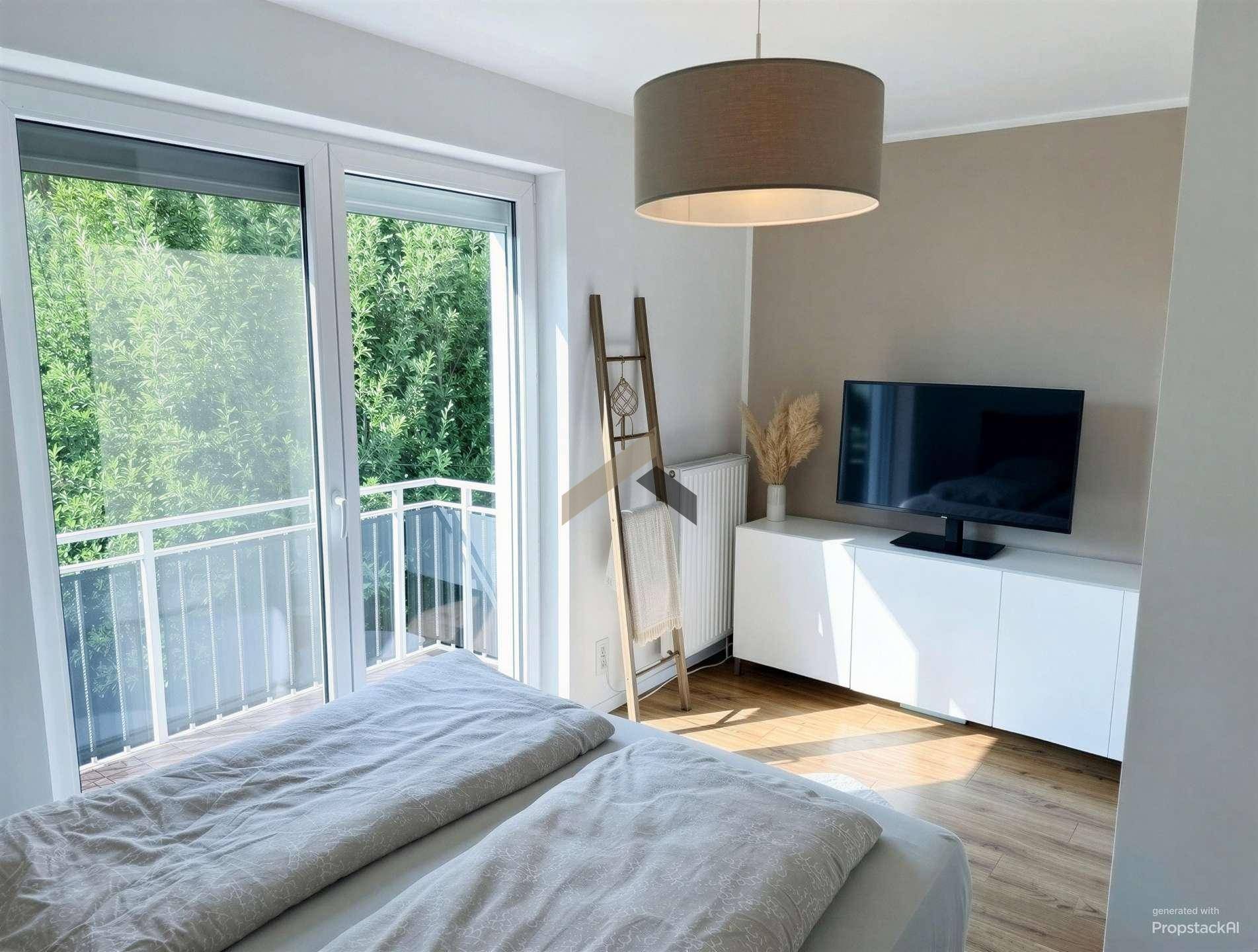 Helles Schlafzimmer mit Doppelbett, TV-Möbel und Zugang zu einem französischen Balkon mit Grünblick.