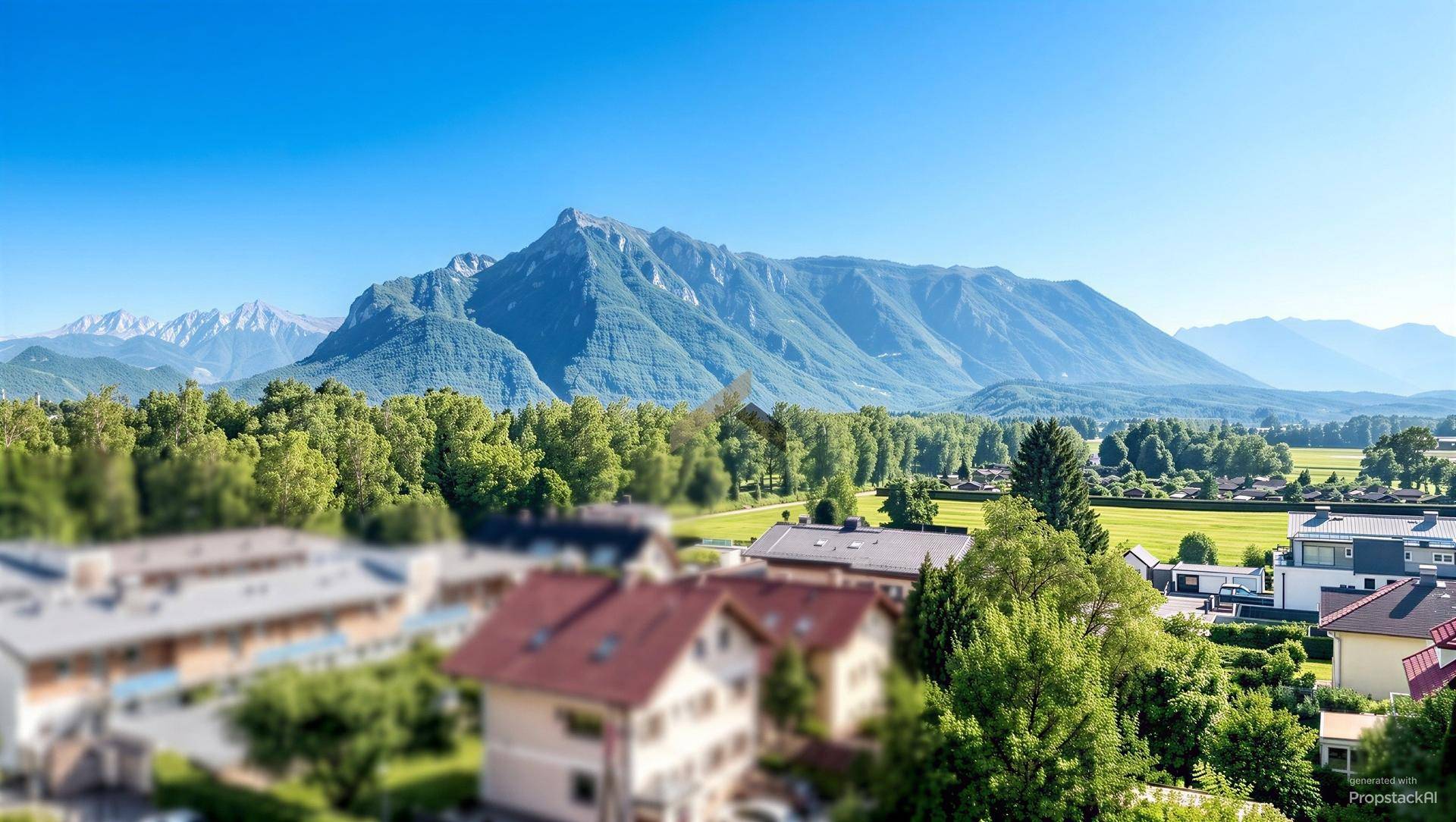 Malerischer Weitblick auf majestätische Berge und grüne Landschaft mit Häusern im Vordergrund.