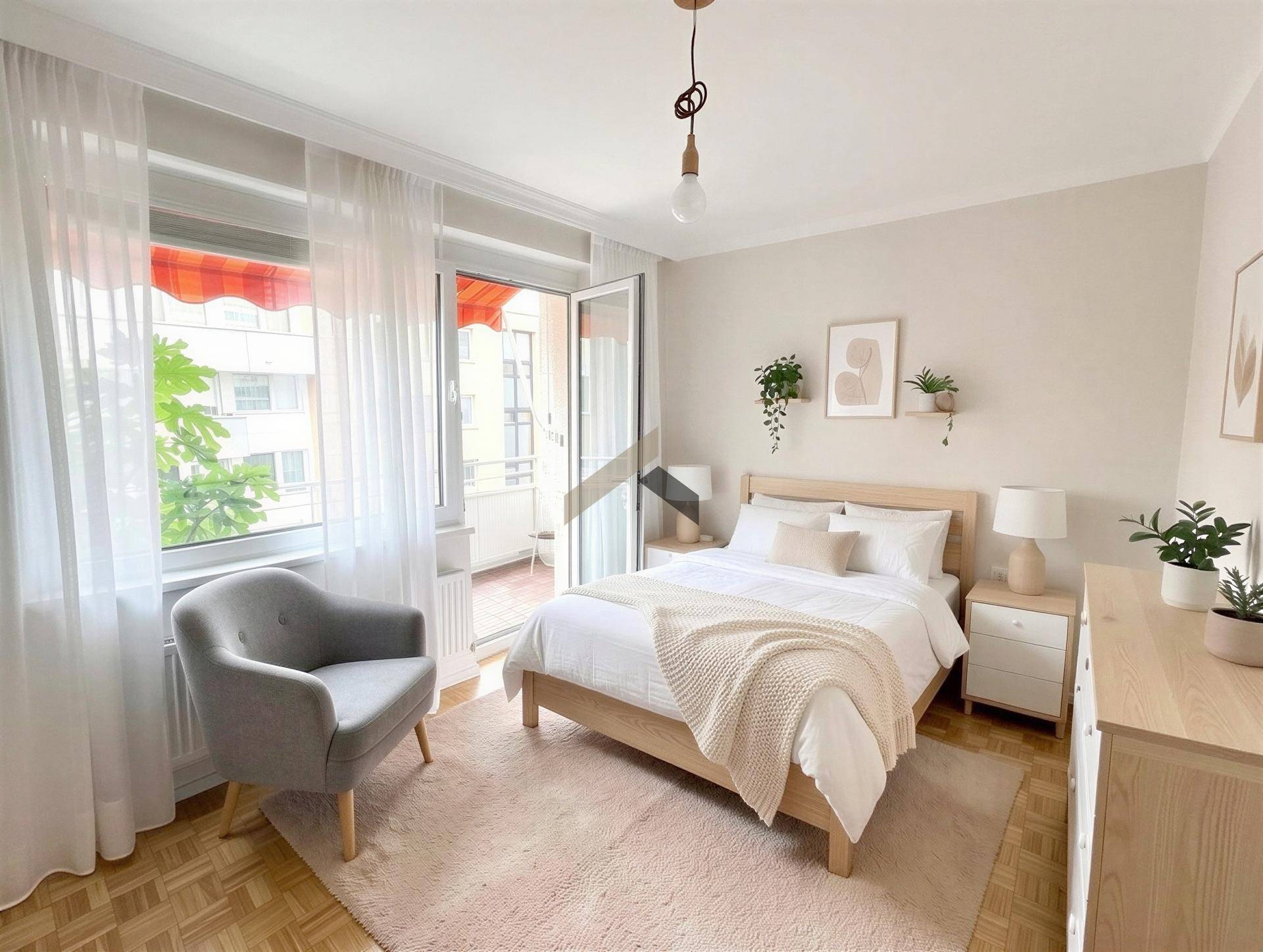 Gemütliches Schlafzimmer mit hellem Holzbett, Parkettboden und direktem Zugang zu einem Balkon.