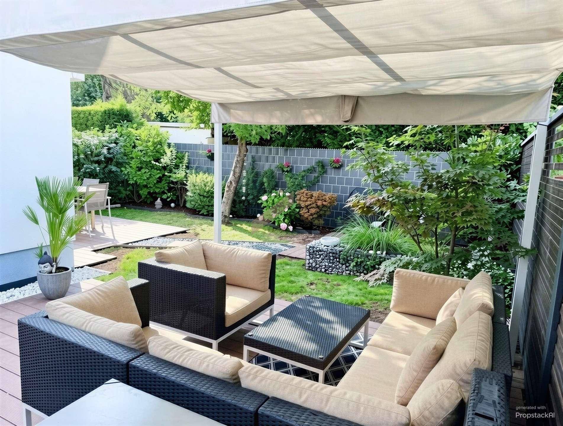 Gemütliche überdachte Lounge-Ecke im Garten mit Rattanmöbeln und üppiger Bepflanzung.