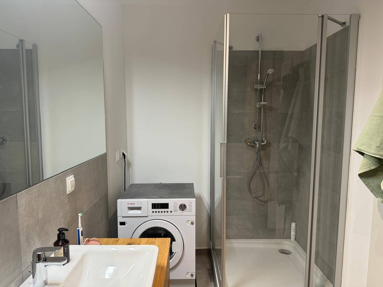 Badezimmer mit Duschkabine, Waschmaschine und modernem Waschtisch.
