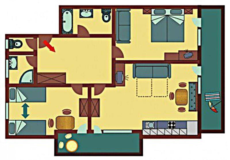 Detaillierter Grundriss einer Wohnung mit mehreren Zimmern, Küche, Bädern und Balkon.