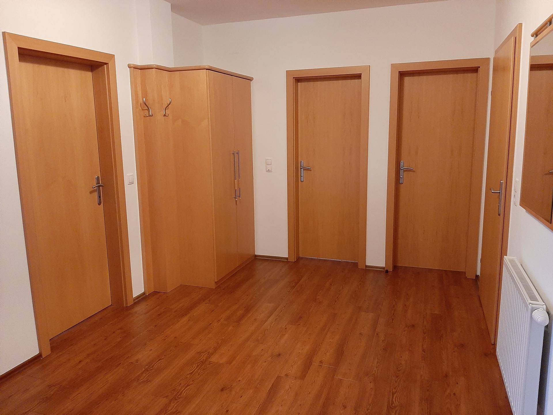 Heller Flur mit mehreren Holztüren, einem Kleiderschrank und Laminatboden.