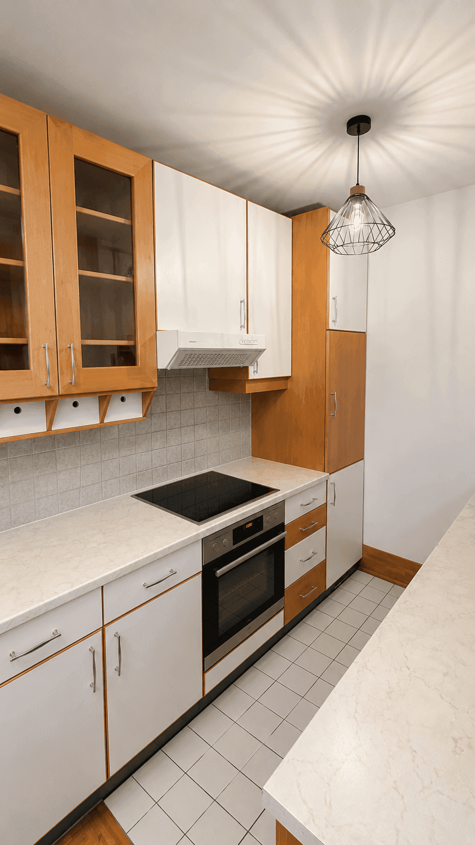 Funktionale Küche mit hellen Fronten, Induktionskochfeld und Backofen, ausgestattet mit Fliesenboden.