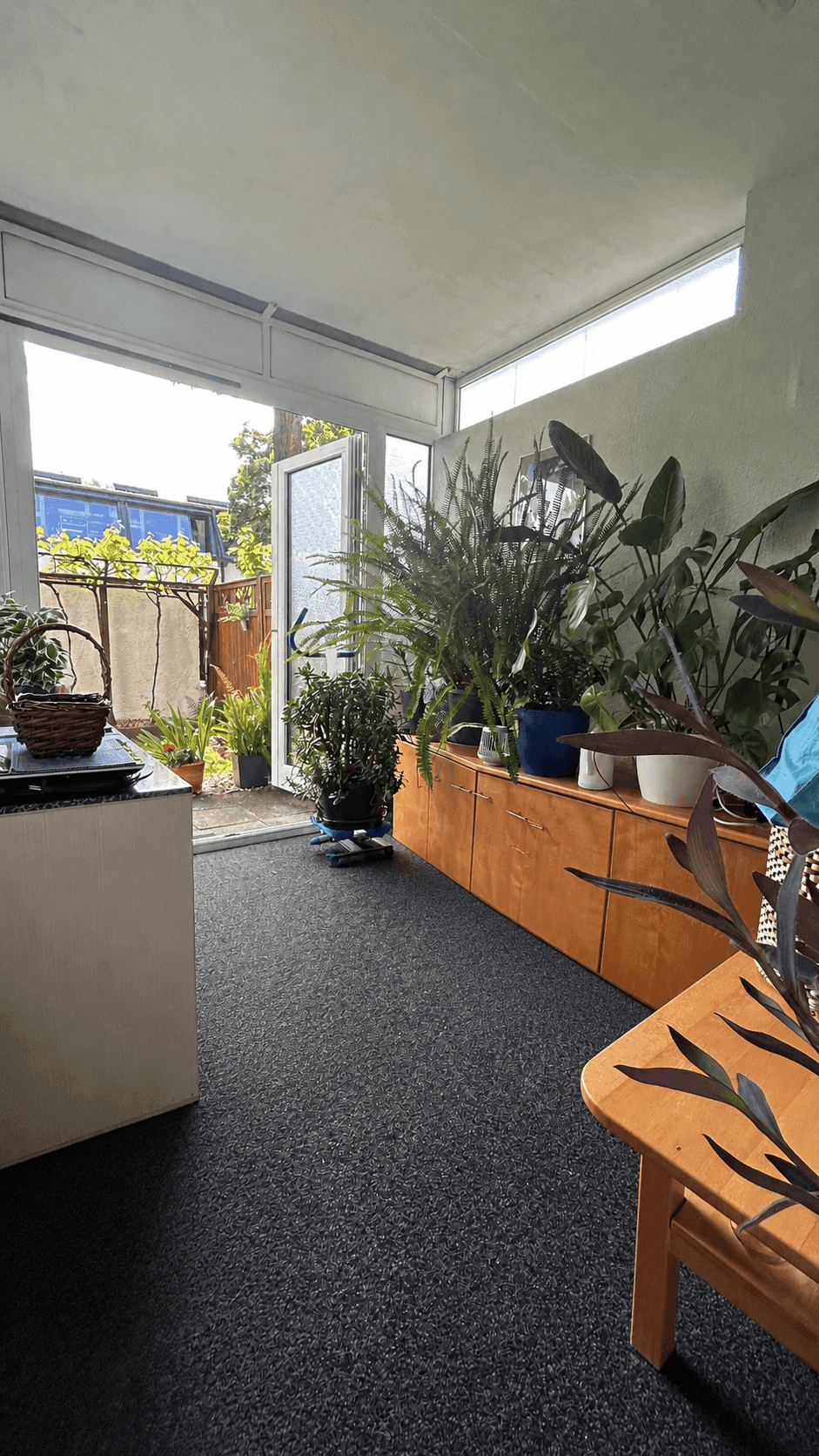 Heller Wintergarten mit vielen Pflanzen und Teppichboden, bietet Zugang zum Außenbereich.