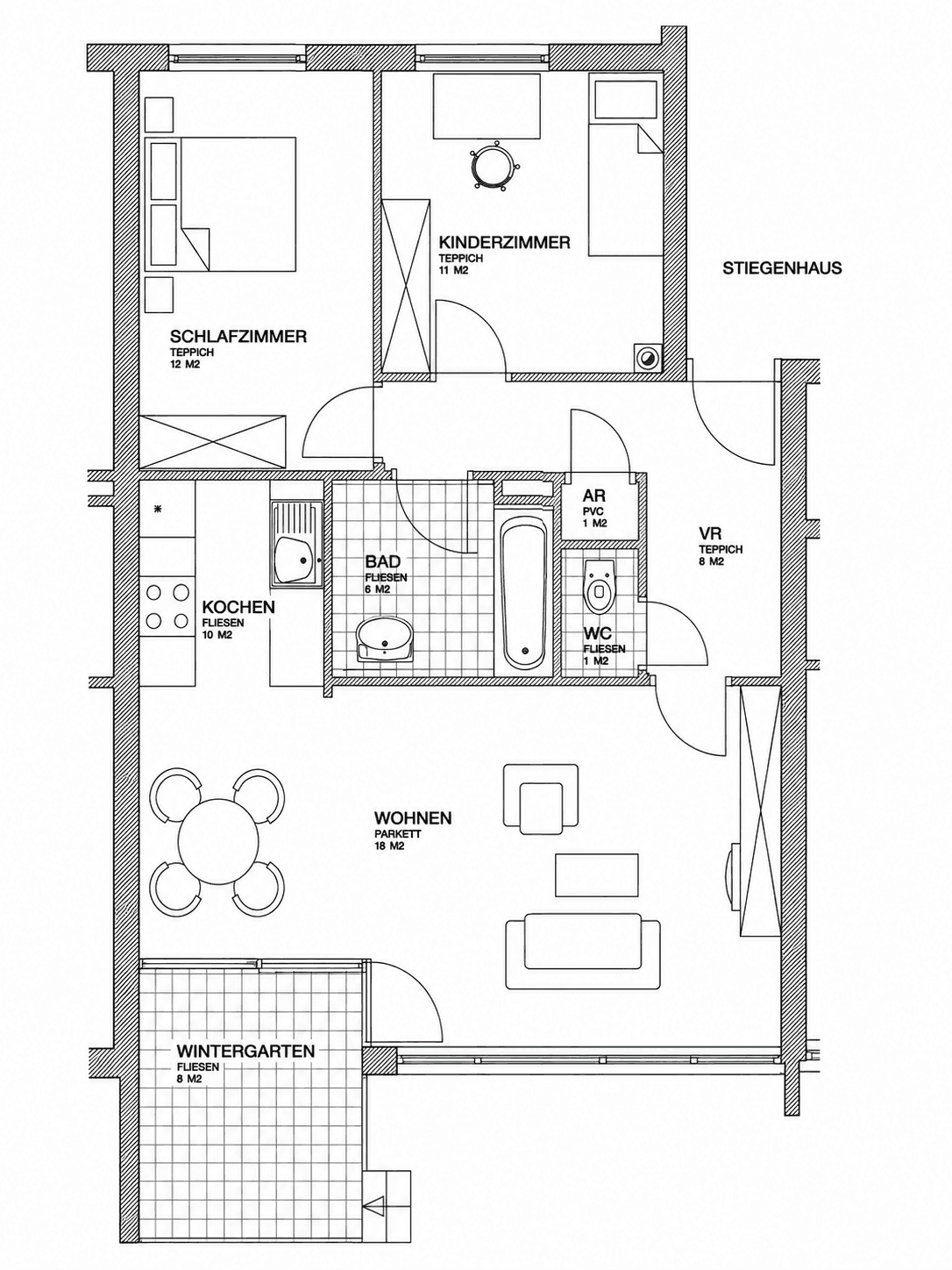 Detaillierter Grundriss einer Wohnung mit Schlafzimmer, Kinderzimmer und Wintergarten.