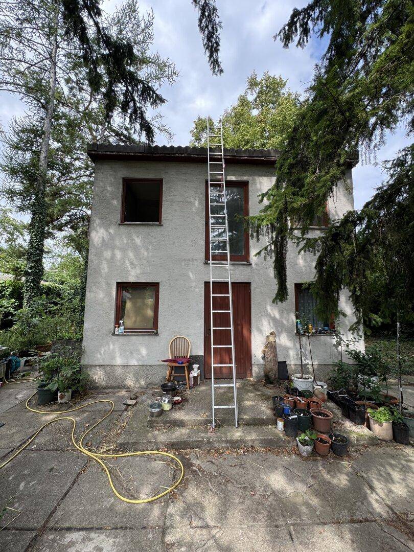 Vorderansicht des zweistöckigen Hauses mit langer Leiter und zahlreichen Topfpflanzen am Eingang.