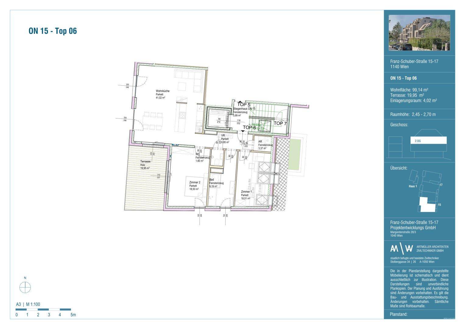 Grundriss einer Wohnung mit offener Wohnküche, zwei Zimmern, Bad, WC, Terrasse und Gartenanteil.