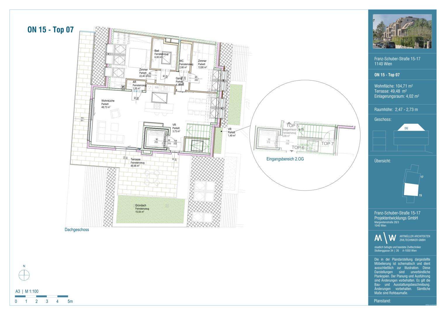 Detaillierter Grundriss der Wohnung Top 07 mit offenem Wohnbereich und Terrasse.